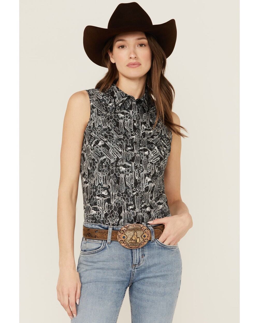 Wrangler Western Cactus Print Sleeveless Cotton Shirt Large Rodeo Rancho Travel